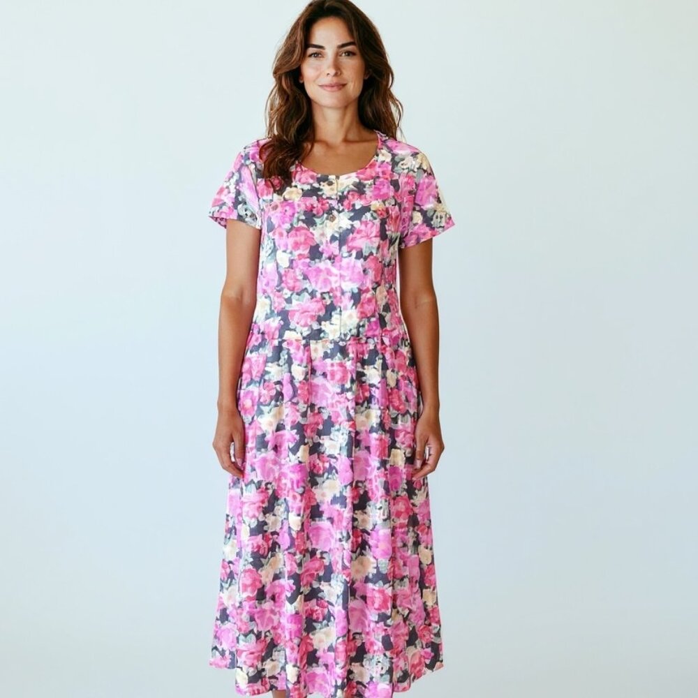 VTG Chandni‎ Short Sleeve Floral Dress Sz L Cotton Pink w/ Pockets #262F